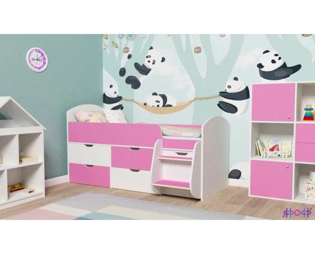 Детская кровать-чердак Малыш-7, белое дерево-розовый